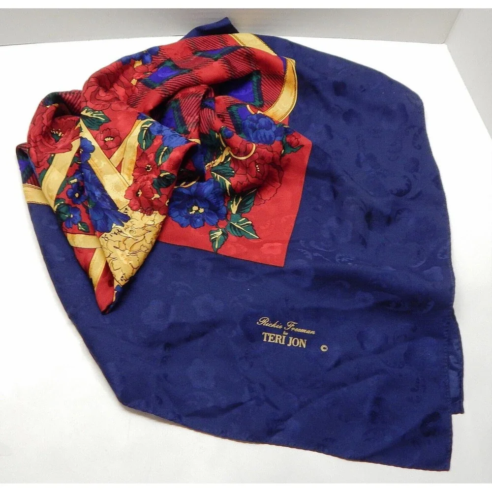 Ricki Freeman For Teri Jon Floral Silk Scarf Navy Red Gold Plaid Korea - Picture 1 of 16
